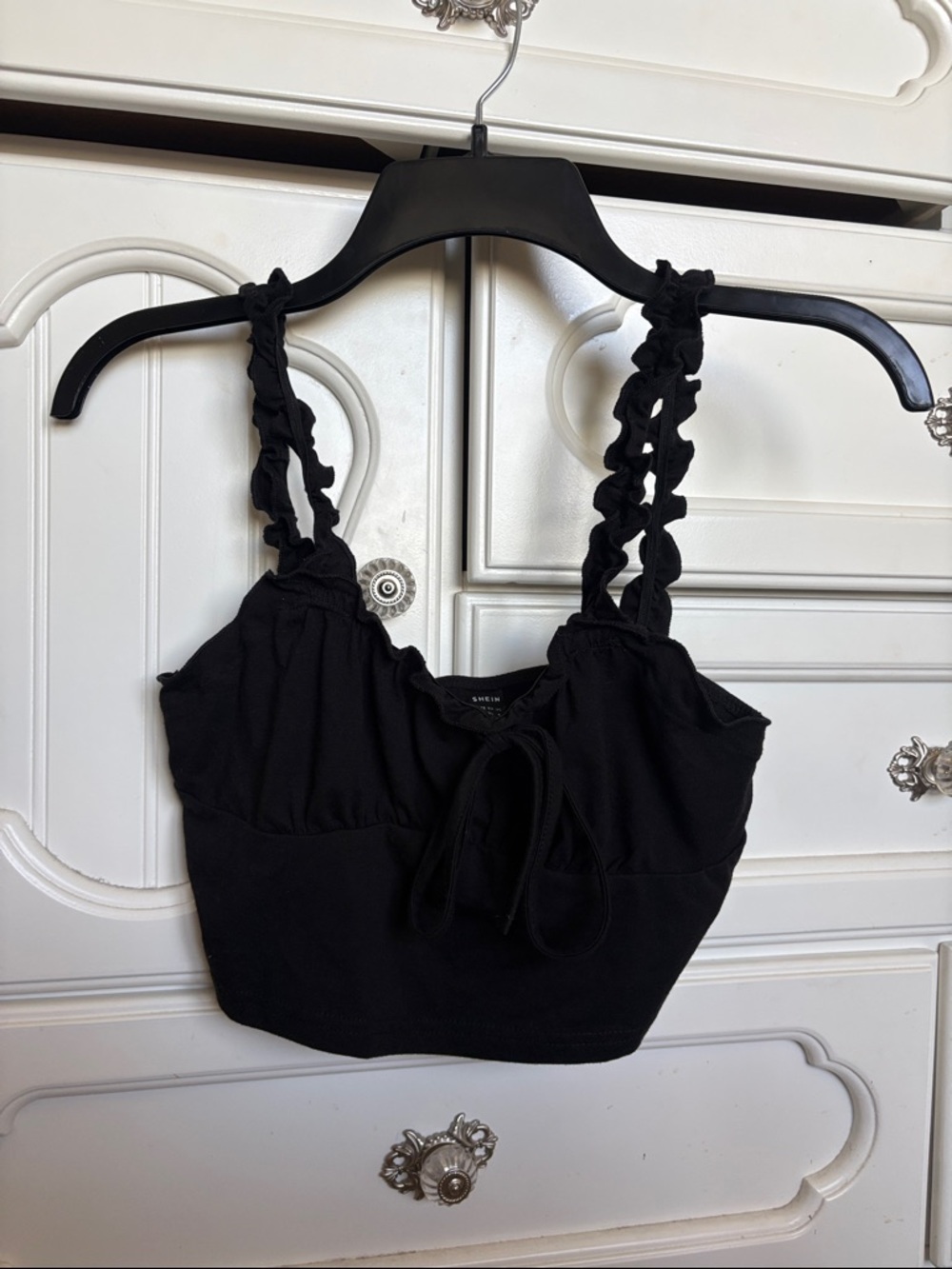 Shein Black Ruffled Strap Crop Top - Women